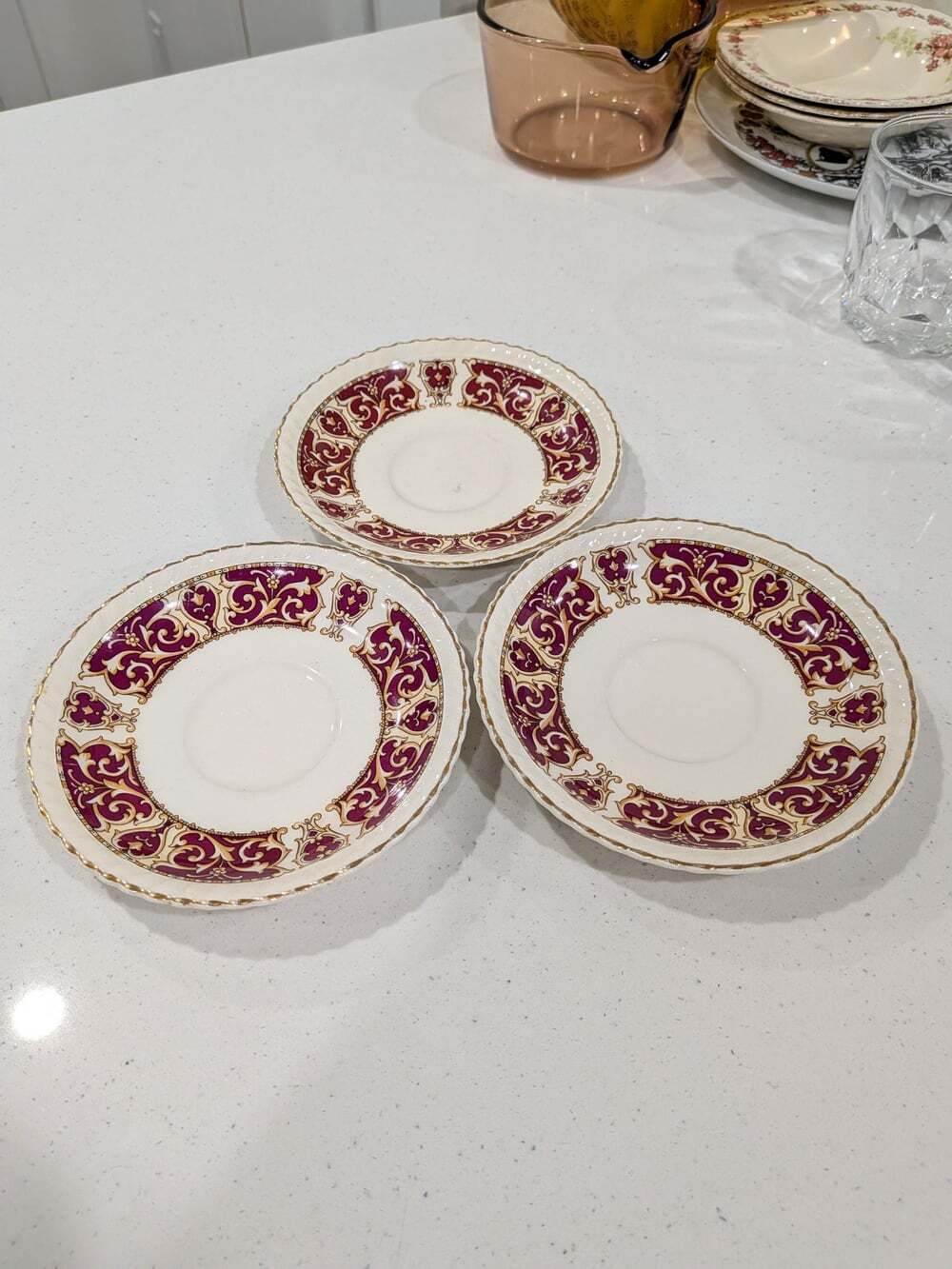 Vintage Johnson Bros Old English Saucers | Burgundy Gold Victorian Pattern Set